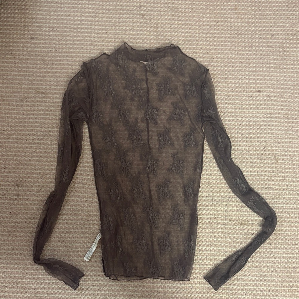Free People Sheer Brown Lace Long-Sleeve Tee